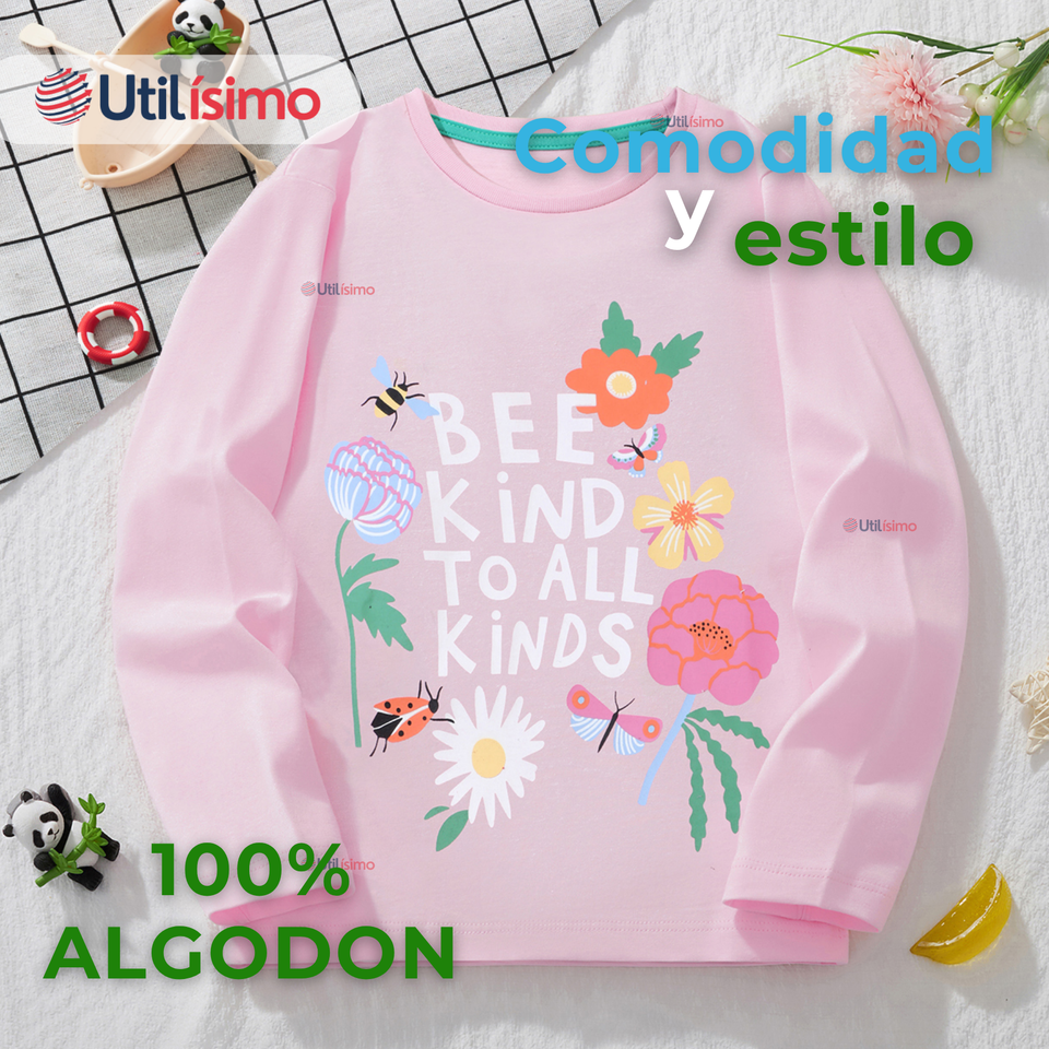 Polera Manga Larga Niña 100% Algodón Dinosauro Flores Rosado Camiseta