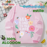 Polera Manga Larga Niña 100% Algodón Dinosauro Flores Rosado Camiseta