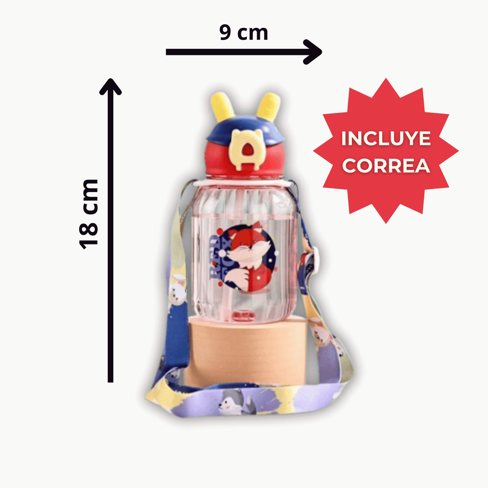 Botella Plástica 600ML Con Bombilla y Correa Kawai Sin BPA Niños