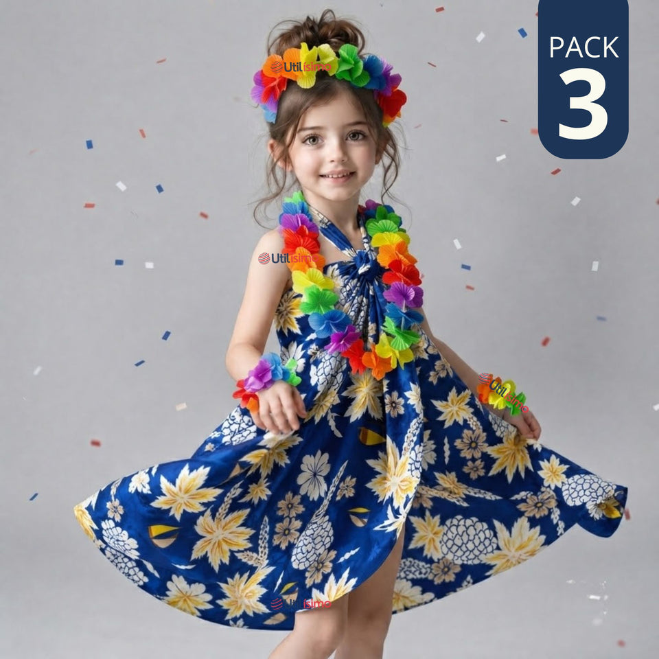 Pack 3 Trajes Páscuense Pareo Hawaiano Azul Niña Con Accesorios