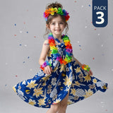 Pack 3 Trajes Páscuense Pareo Hawaiano Azul Niña Con Accesorios