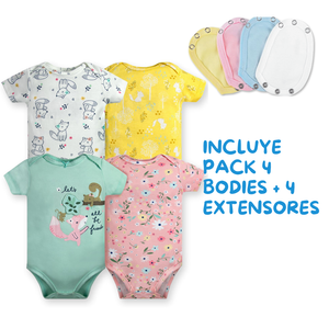 Pack 4 Unidades Extensor Body Bebé +Pack 4 Bodys Algodón Niña Manga Corta Animales Animados
