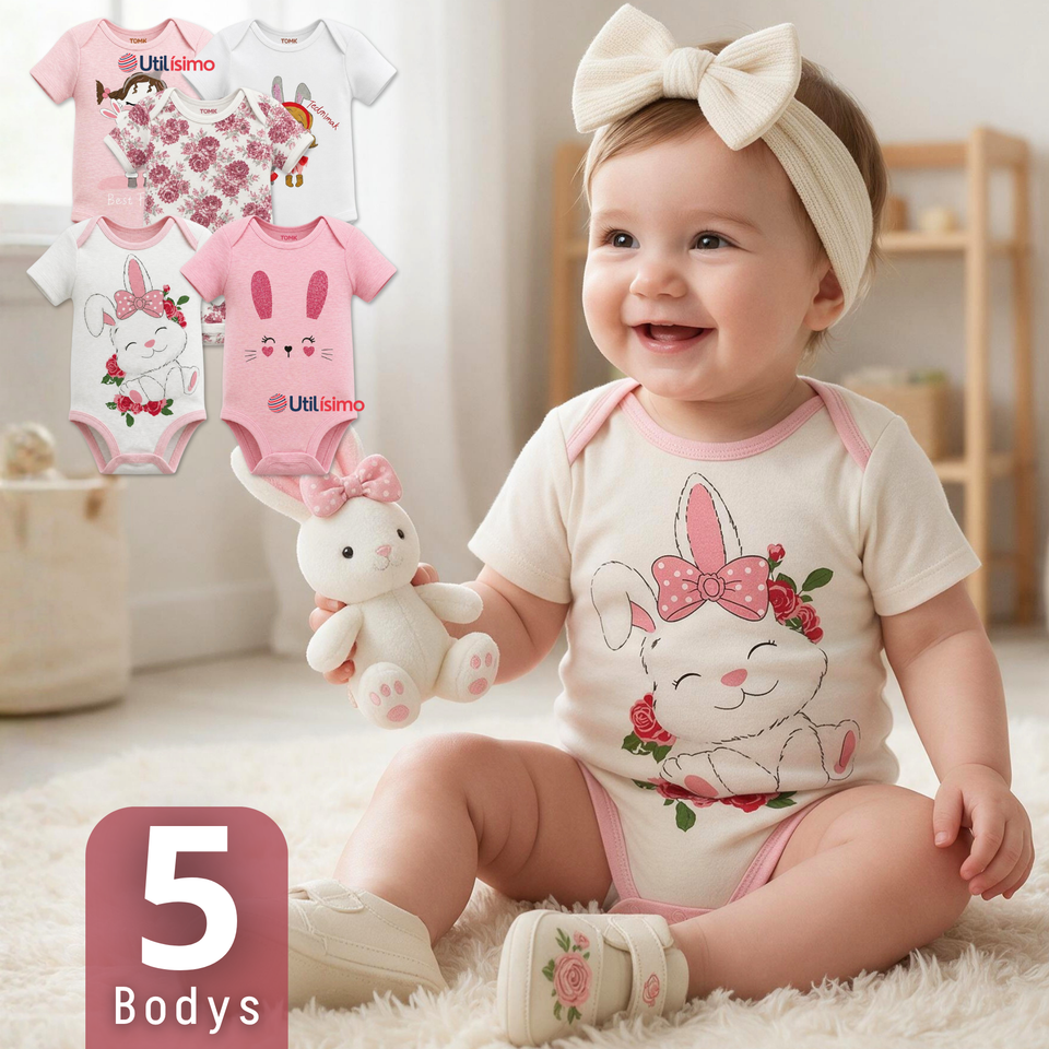 Pack 5 Bodys Manga Corta %100 Algodón Tedmimak Niña Pink Bunny