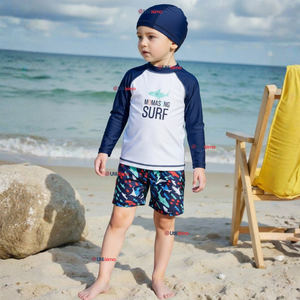 Traje de Baño Con Gorro Pantalón Corto Manga Larga 3 Piezas Corte Split Niño 3 a 9 años Blue Surf