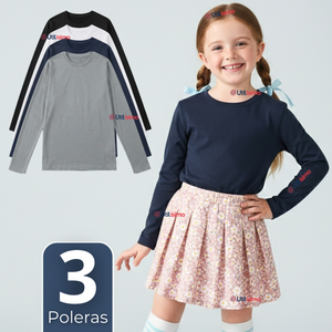 Pack 3 Poleras Camisetas Polar Primera Capa Cuello Redondo Manga Larga Colores Surtido Niña