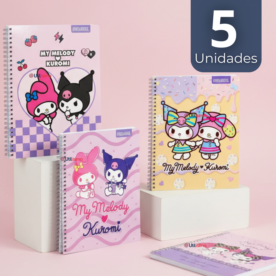 Pack 5 Cuadernos Universitario My Melody & Kuromi Proarte 7mm 100 Hojas Diseños Surtidos