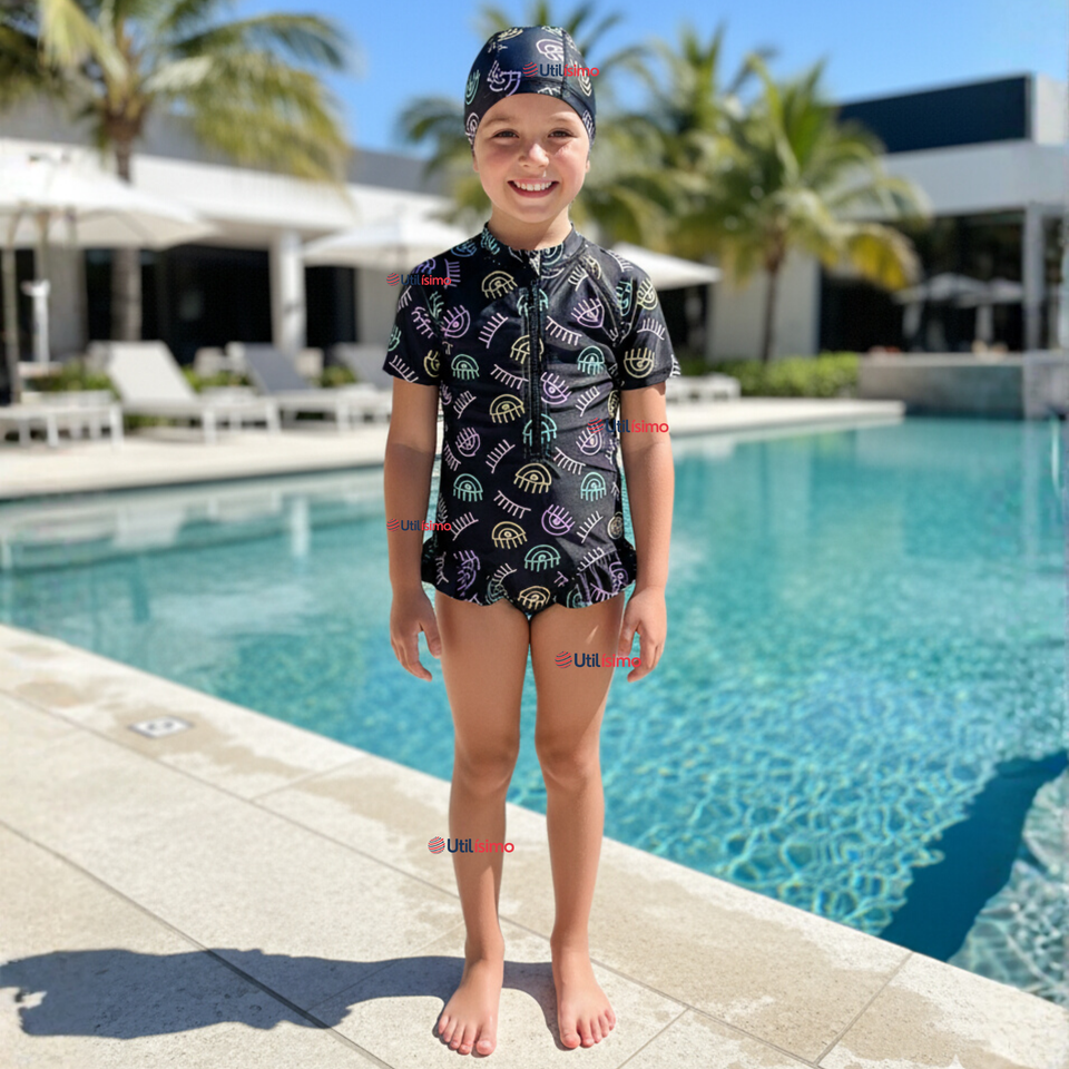 Traje de Baño Enterito Cremallera Manga Larga Con Gorro Niña 1 a 6 años Black