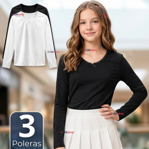Pack 3 Camisetas Poleras Algodón Cuello Redondo Primera Capa Manga Larga Colores Surtidos Niña