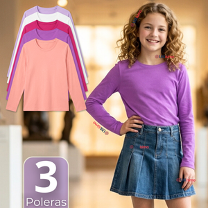Pack 3 Poleras Camisetas Polar Primera Capa Cuello Redondo Manga Larga Colores Surtido Niña