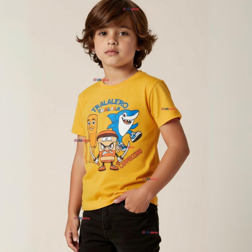 Polera Brainrots 100% Algodón Manga Corta Niño Tralalero Amarillo