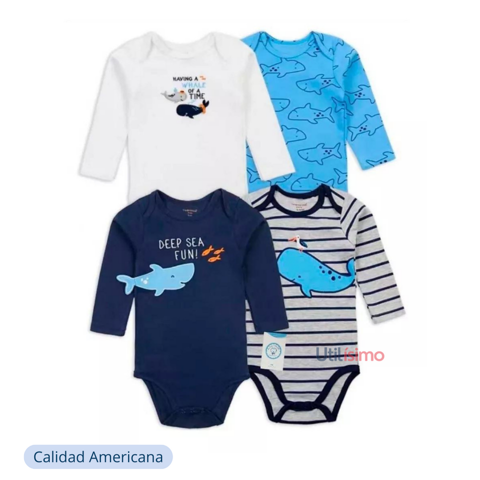 Body Bebe Niño Pack 4 Bodys Tedmimak Algodón Manga Larga Ballenas