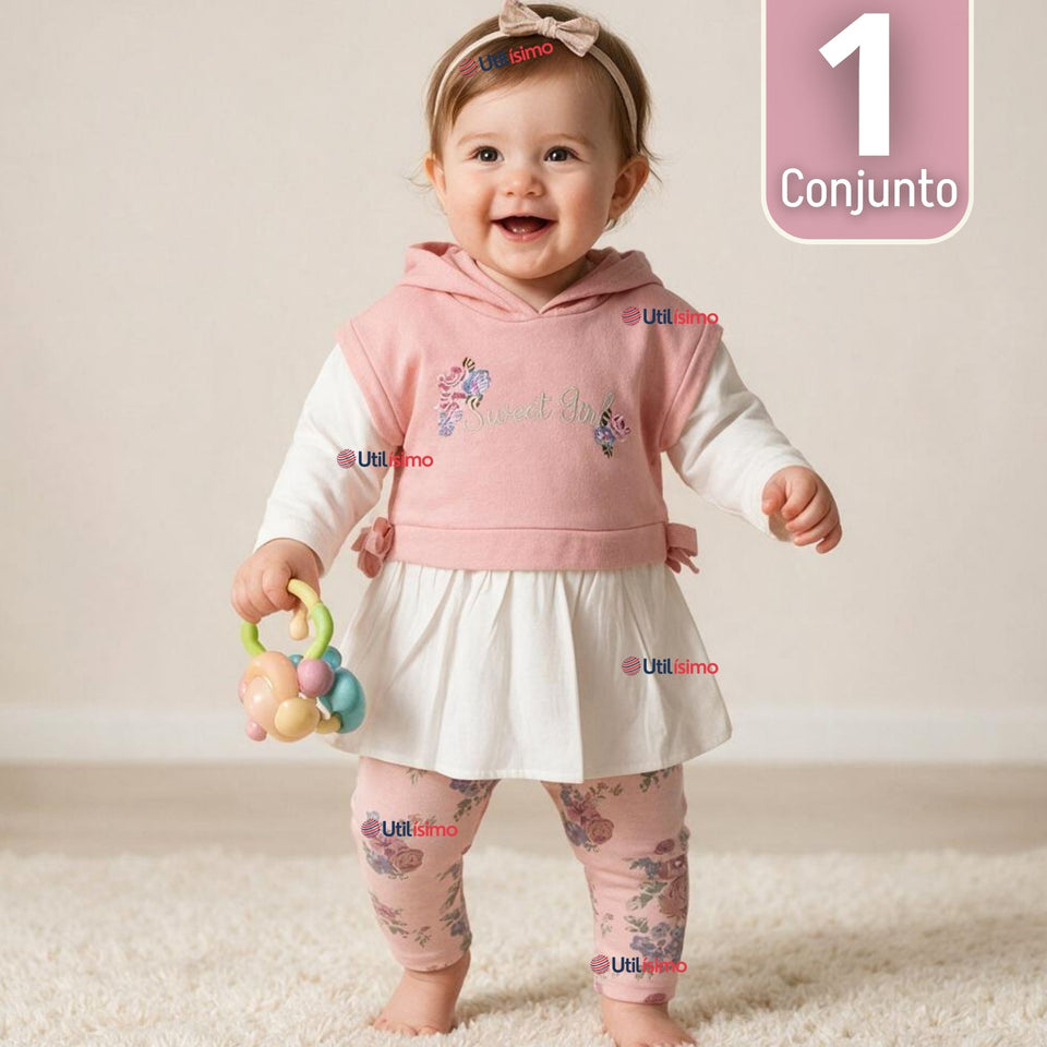 Conjunto 2 Piezas Polerón con Capucha y Pantalón 100% Algodón Bebé Niña Tedmimak Sweet flowers