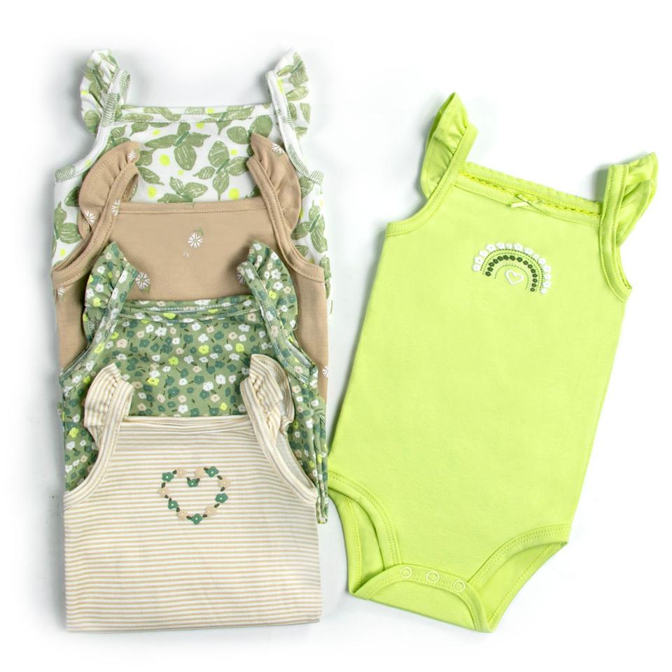 Pack 5 Unidades Extensor Body Bebé +Pack 5 Bodys Algodón Niña Sin Mangas Verde Mariposas
