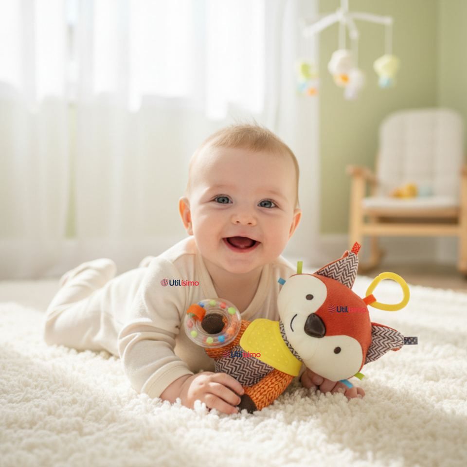 Juguete Peluche Animales Sensorial Con Mordedor Y Sonajero Diseño Zorrito Niña y Niño