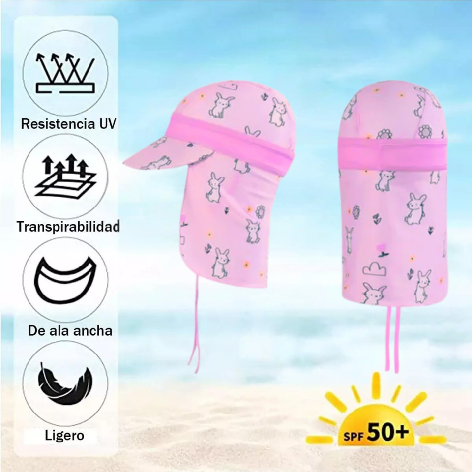 Gorro para el Sol con Solapas Protección UV Niñas de 1 a 10 Años Rosa Conejito