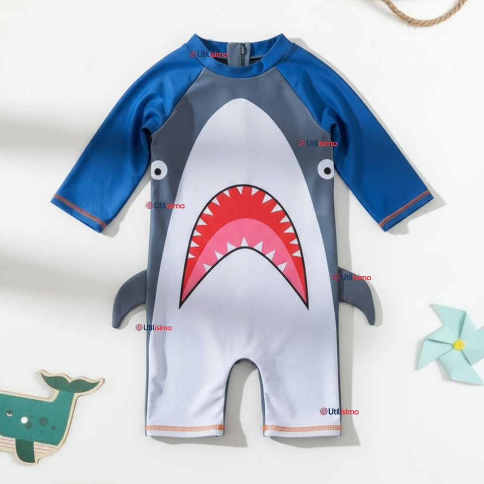 Traje de Baño Enterito Con Cremallera Manga Larga Niño 2 a 6 años Gray Shark
