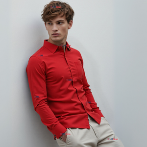 Camisa Casual De Vestir Manga Larga Cuello Americano 100% Algodón Rojo