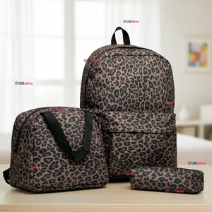 Mochila Bolso Animal Print Con Estampado De Leopardo + Lonchera + Estuche Escolar Niña 42Cm