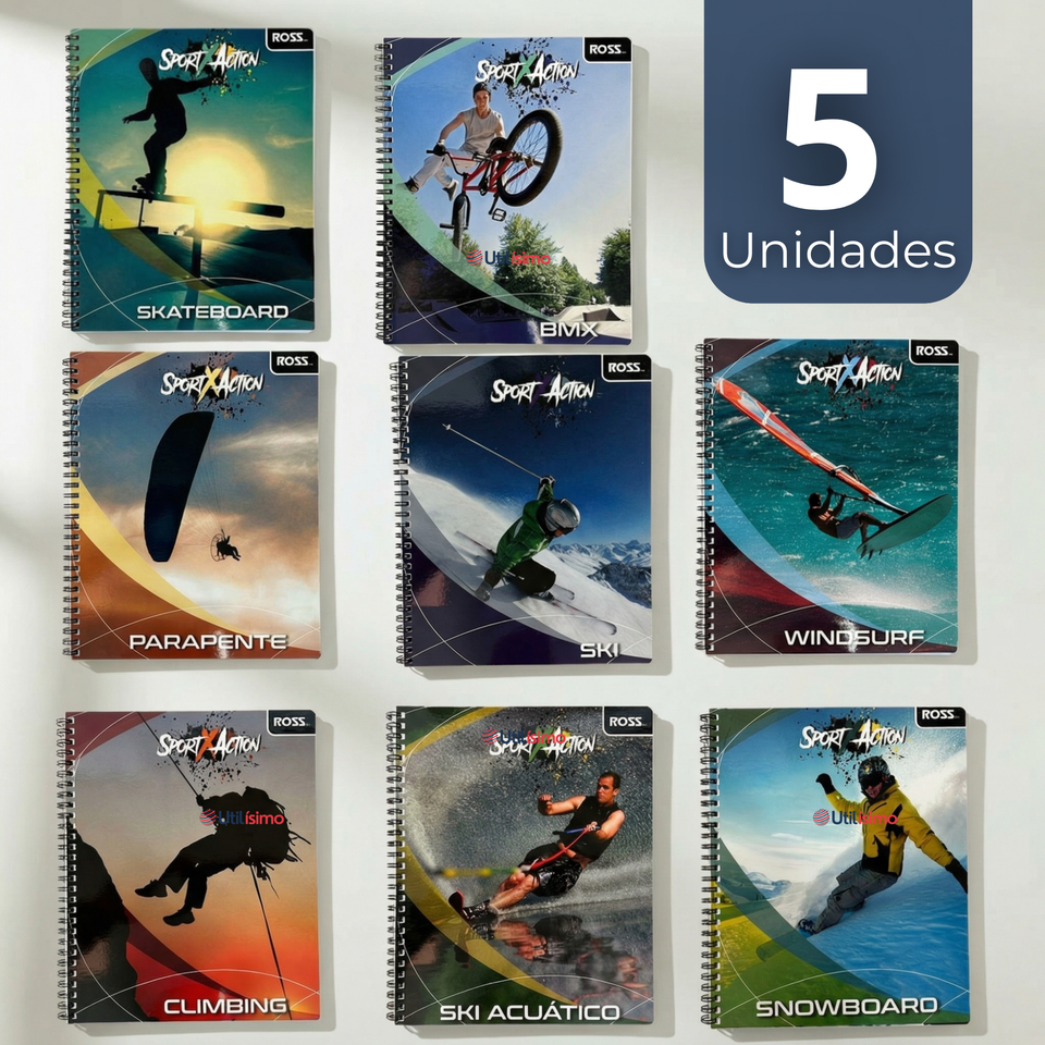 Pack 5 Cuadernos Universitario SportX Action Ross 7mm 100 hojas Diseños Surtidos