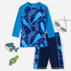 Traje de Baño Manga Larga Pantalón Corto 2 Piezas Corte Split Niño 3 a 9 años Blue