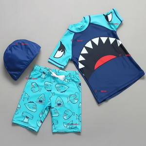 Traje de Baño Con Gorro Pantalón Corto Manga Corta 3 Piezas Corte Split Niño 2 a 8 años Blue Shark