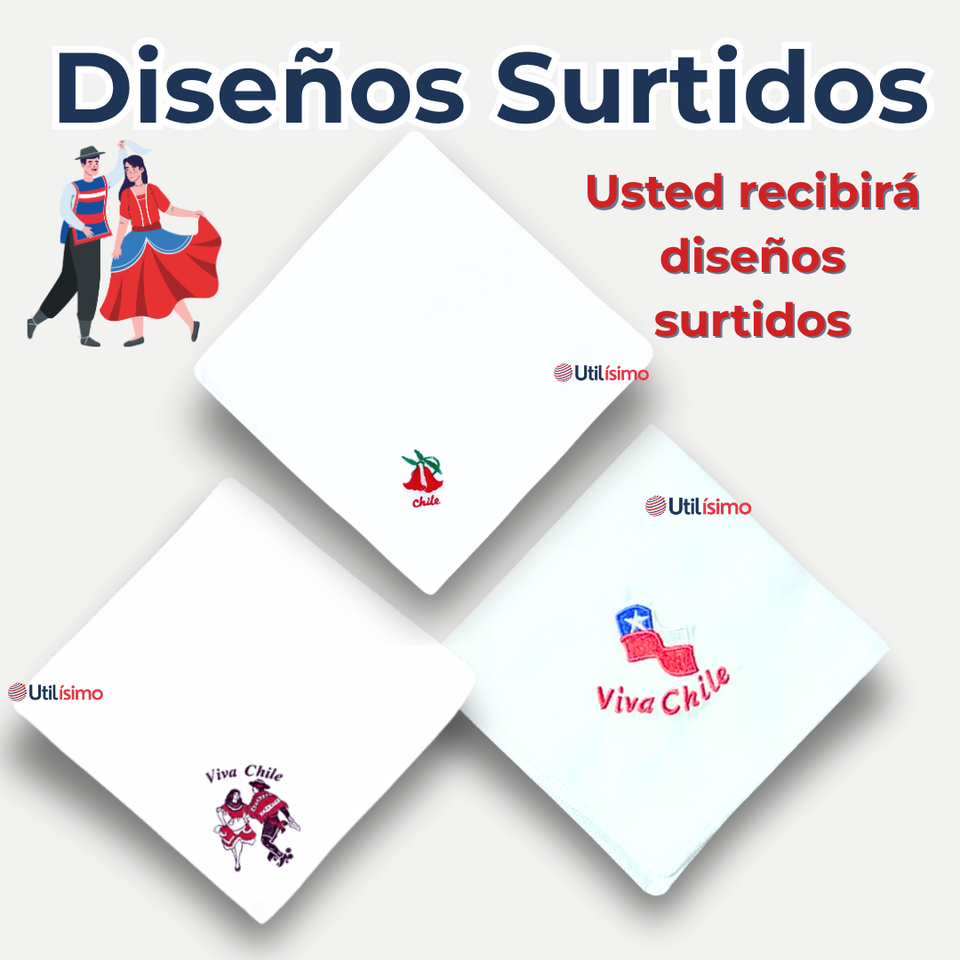 Pack 3 Pañuelos Baile Cueca 36 CM Bordados Fiestas Patrias Surtidos