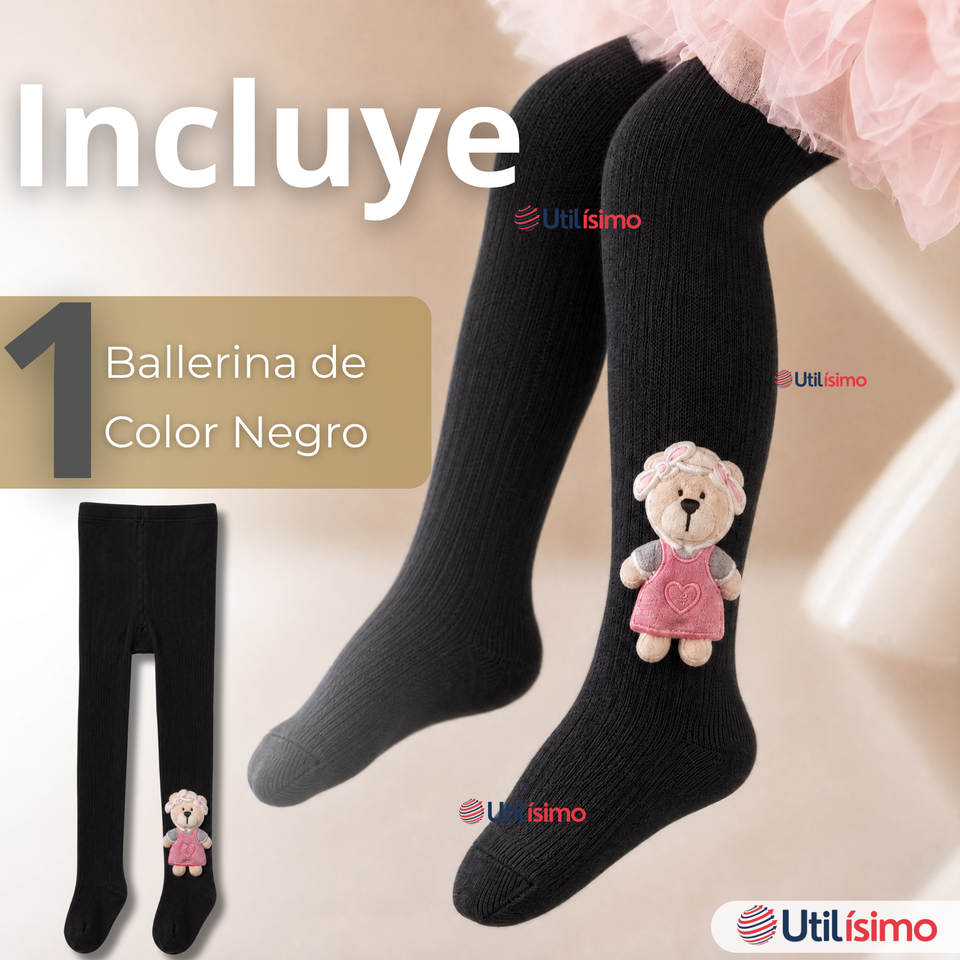 Panty 3D Osito Negro Tejida Niña Ballerina 78% Algodón Premium