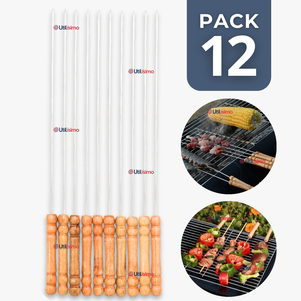 Pack 12 Pinchos De 30cm Para Anticuchos Brochetas Asados Mango De Madera