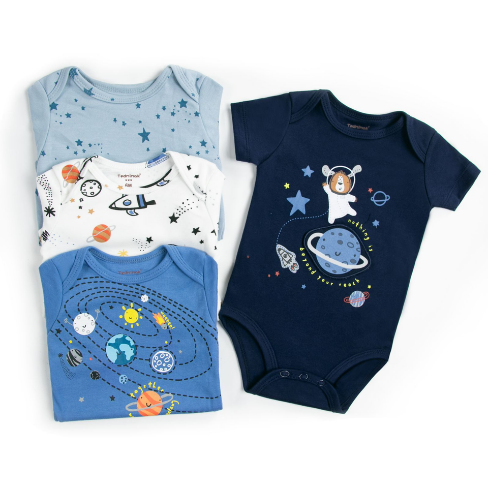 Pack 4 Unidades Extensor Body Bebé +Pack 4 Bodys Algodón Niño Manga Corta Galaxia Azul