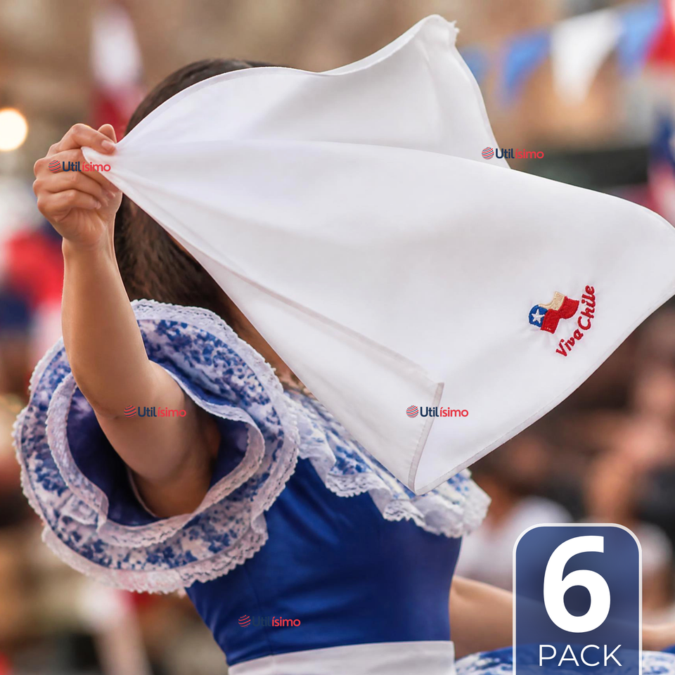 Pack 6 Pañuelos Baile Cueca 36cm Bordado Bandera de Chile Algodón Fiestas Patrias