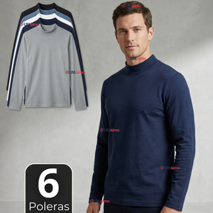 Pack 6 Camisetas Poleras Bambú Primera Capa Cuello Beatle Manga Larga Colores Surtidos Hombre