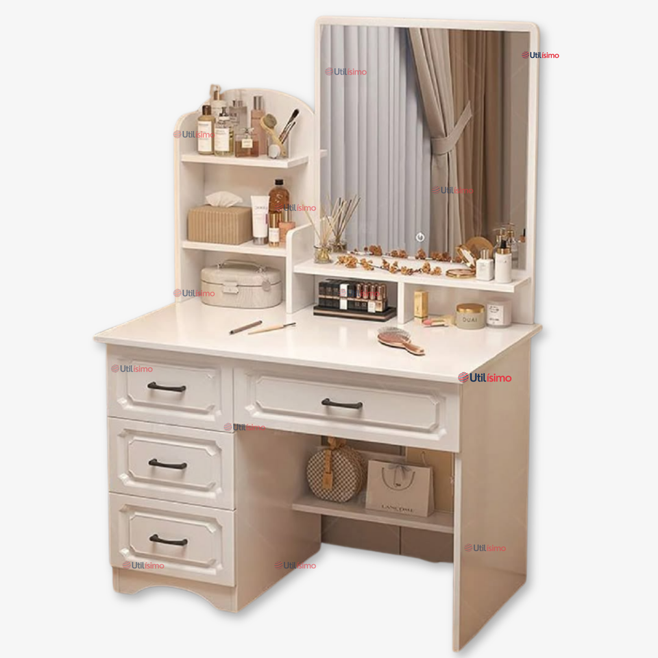 Tocador De Lujo Espejo Con Luz Integrada 4 Cajones MDF Blanco 137x80x48cm