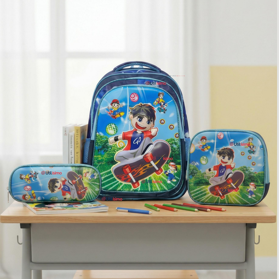 Mochila Escolar Bolso Con Efecto 3D Estuche + Lonchera 40Cm Tela Oxford Niño Skate Hero