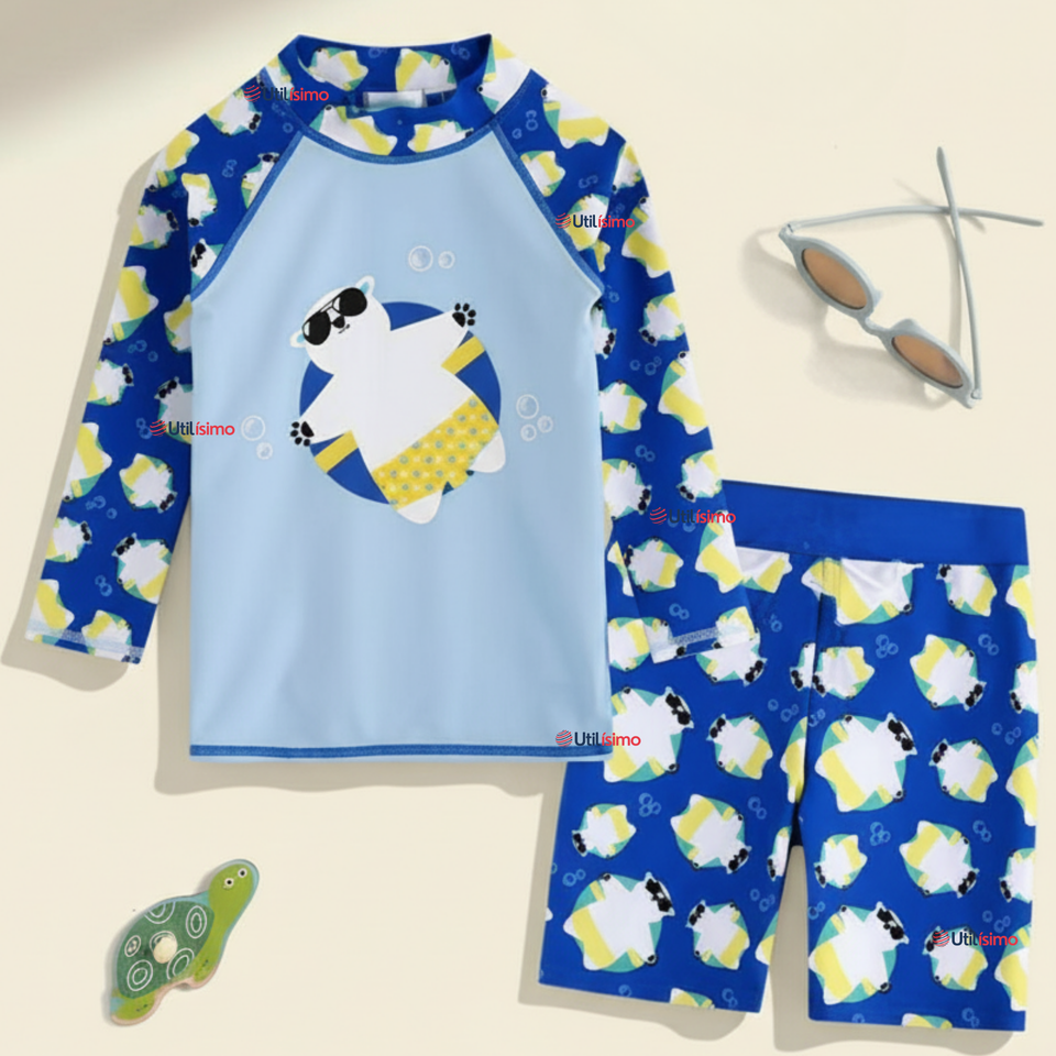 Traje de Baño Manga Larga Pantalón Corto 2 Piezas Corte Split Niño 3 a 9 años Blue Polar Bear