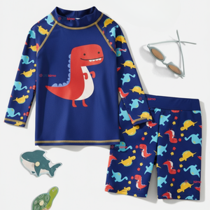 Traje de Baño Manga Larga Pantalón Corto 2 Piezas Corte Split Niño 3 a 9 años Blue Dinosaur