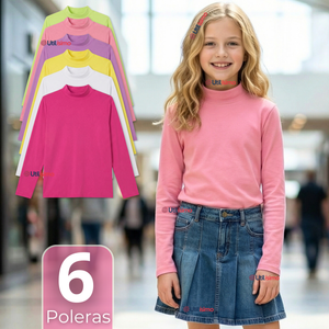 Pack 6 Poleras Camisetas Polar Primera Capa Cuello Beatle Manga Larga Colores Surtido Niña