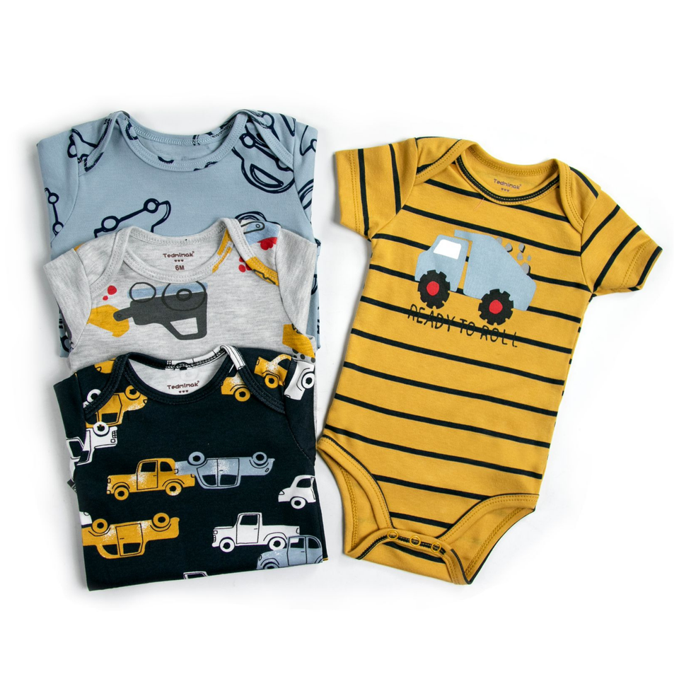 Pack 4 Unidades Extensor Body Bebé +Pack 4 Bodys Algodón Niño Manga Corta Autos Amarillos