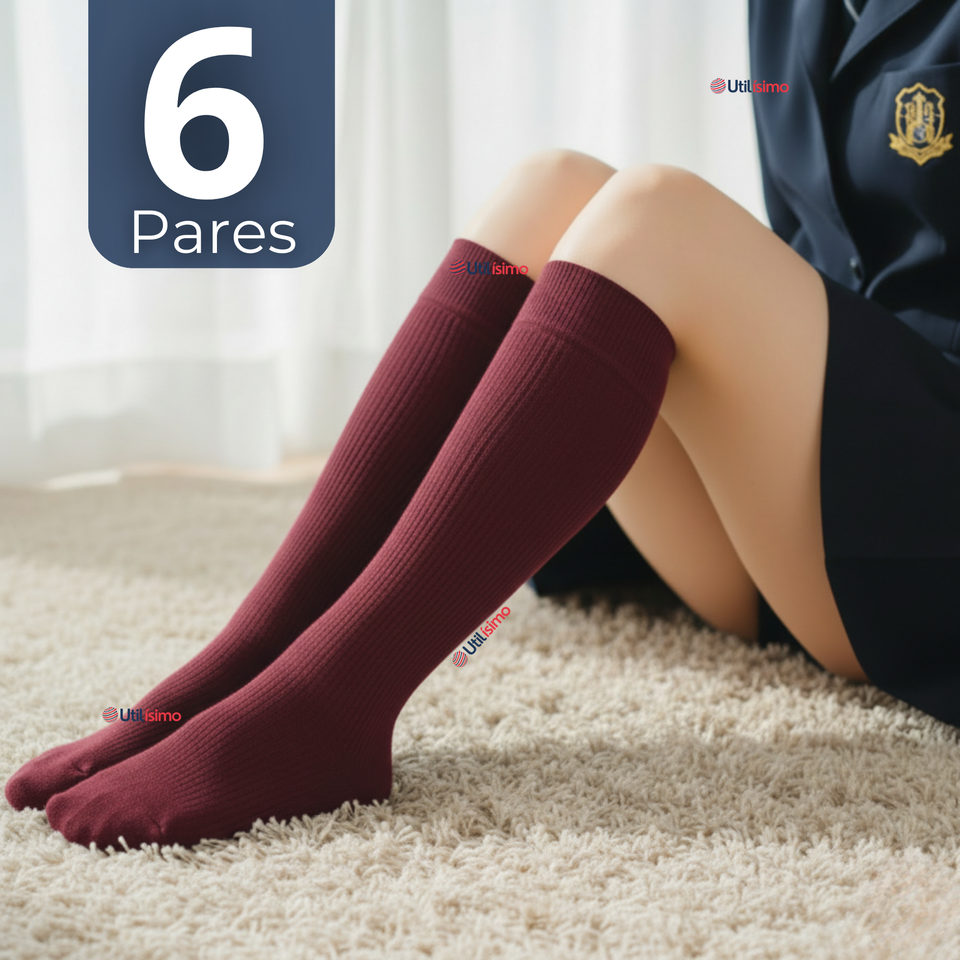 Pack 6 Calcetínes Escolares Largo Acrílico Burdeo Niñas Juvenil Color Vino