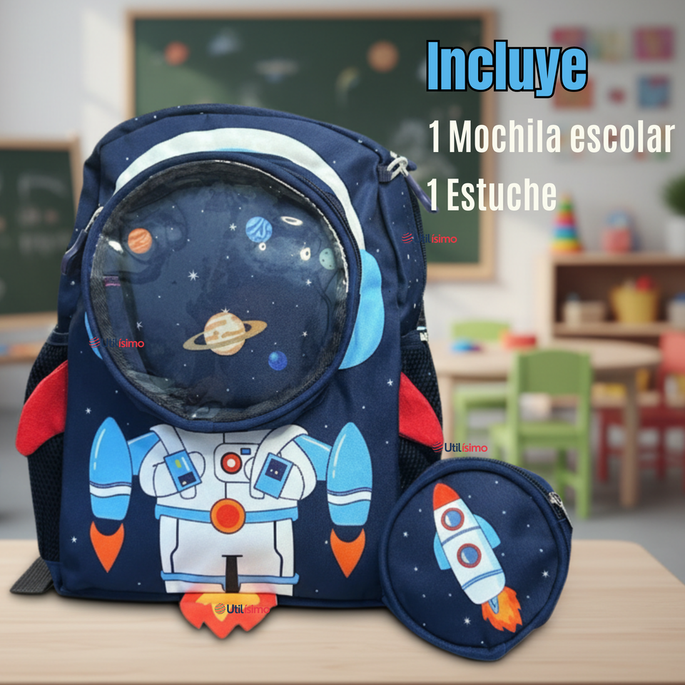 Mochila Escolar Con Estuche 33cm Poliéster Impermeable Astronauta Niño