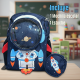 Mochila Escolar Con Estuche 33cm Poliéster Impermeable Astronauta Niño