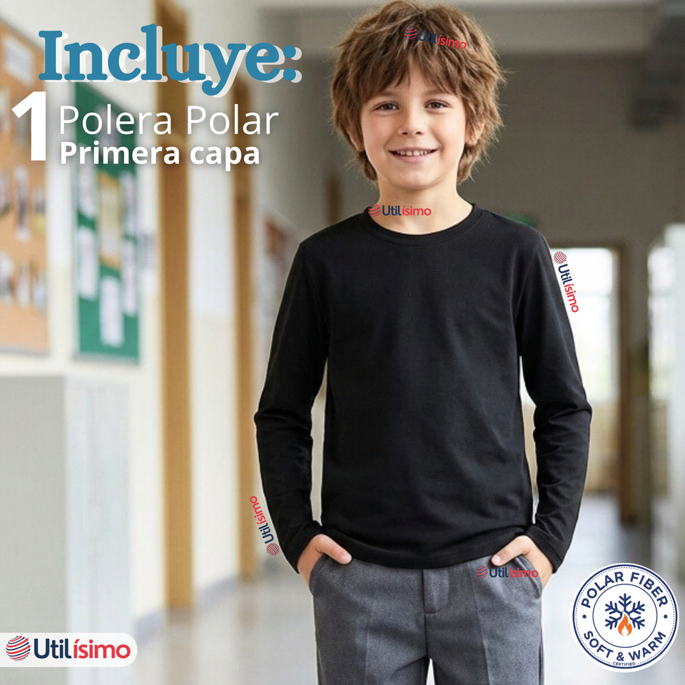 Polera Camiseta Polar Negra Primera Capa Escolar Cuello Redondo Manga Larga Niño