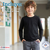Polera Camiseta Polar Negra Primera Capa Escolar Cuello Redondo Manga Larga Niño