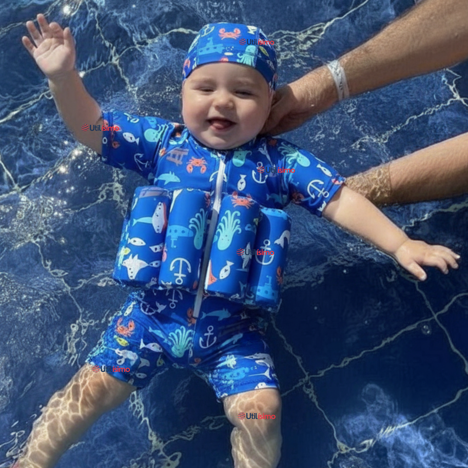 Traje de Baño Flotador Enterito Con Gorro Niño 2 Piezas 9 a 36 Meses Blue Sea