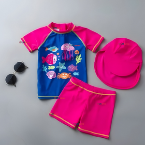 Traje De Baño Manga Corta Pantalón Con Gorro 3 Piezas Bebé Niña Marine Adventure