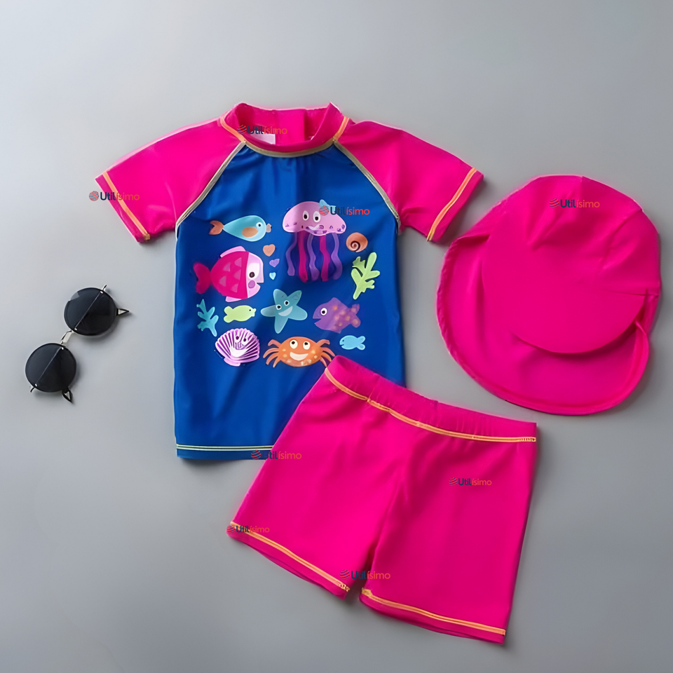 Traje De Baño Manga Corta Pantalón Con Gorro 3 Piezas Bebé Niña Marine Adventure