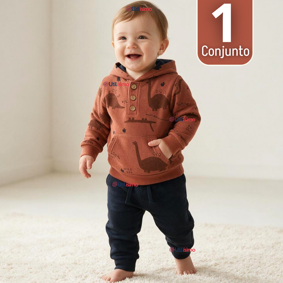 Conjunto 2 Piezas Polerón con Capucha y Pantalón 100% Algodón Bebé Niño Brown Dinosaur