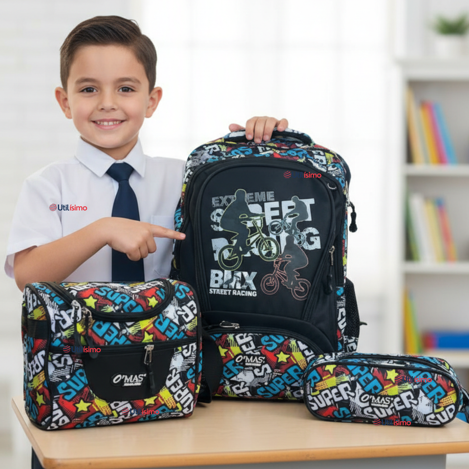 Mochila Escolar Kit Con Estuche y Lonchera 43cm Tela Oxford Niño
