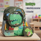 Mochila Escolar Con Estuche 33cm Poliéster Impermeable Dinosaurio Niño