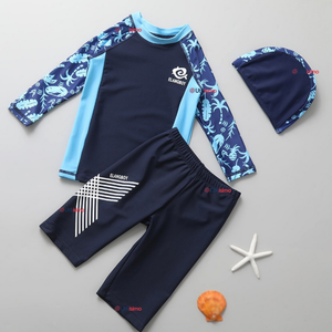 Traje de Baño Con Gorro Pantalón Corto Manga Larga 3 Piezas Corte Split Niño 2 a 8 años Blue