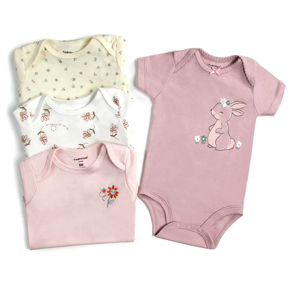 Pack 4 Unidades Extensor Body Bebé +Pack 4 Bodys Algodón Niña Manga Corta Conejos Rosa